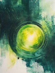 Poster - Emerald Radiance Abstract Art - Vibrant green and yellow abstract artwork, depicting concentric circles radiating light. Perfect for modern, nature, or energy-themed projects