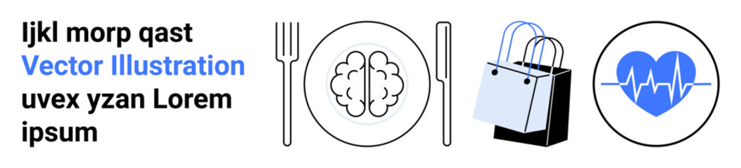 Poster - brain, shopping bag, heartbeat, fork, knife, and plate represent mental, consumer, health and culina