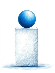 Poster - Blue Sphere on White Cube - A simple illustration of a blue sphere resting atop a white cube against a white background. Clean lines and minimalist design