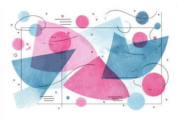 Poster - Geometric Abstract Engraving Sketch - Abstract geometric shapes in pink and blue hues. Symbolizes creativity, balance, harmony, modern art, and design