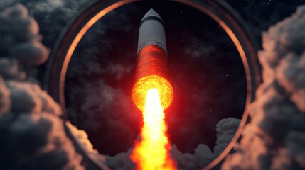Poster - 3D Rendering Rocket launch Concept, Stunning 3D Visualization of Rocket Launch with Glowing Red Heat Shield Effect Surrounded by Clouds