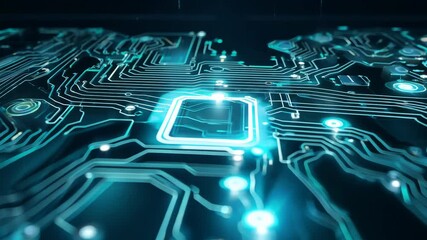 Poster - Motherboard with chips transferring network signals. Circuit board concept with calculations on the chip blocks