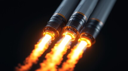 Poster - 3D Rendering Rocket launch Concept, Stunning Close-Up 3D Rendering of Rocket Thrusters Emitting Glowing Flames Against a Dark Background