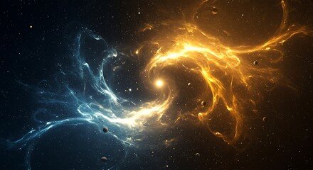 Wall Mural - Golden Photon Trail Across Stars
An abstract digital background with golden photon trails racing through a deep starfield, creating twisting ribbons of light against a dark cosmic backdrop