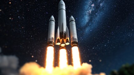 Poster - 3D Rendering Rocket launch Concept, Detailed 3D View of Rocket Engines Firing Against a Beautiful Night Sky with Stars and a Cosmic Background