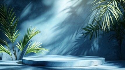 Poster - A calming blue backdrop features a smooth circular platform illuminated by soft light, surrounded by lush green palm leaves, creating a tranquil setting perfect for artistic displays or stages