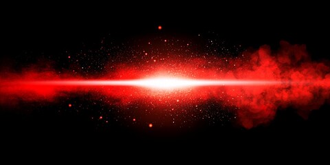 Poster - Fiery Red Light Beam Streaking Across Dark Background with Glowing Particles and Smoke Effect A Dramatic and Powerful Energy Visual