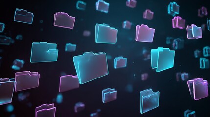 Poster - Neon Illuminated Folders Floating in Digital Space Data Management Concept