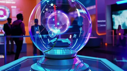 Poster - Interactive holographic display showcasing advanced technology at a futuristic exhibition with visitors exploring the innovation