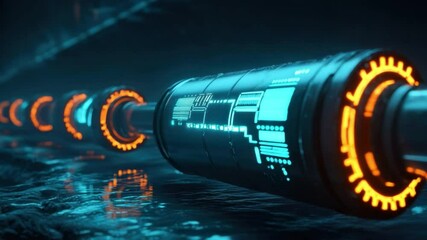Fototapete - Futuristic technology concept with glowing orange elements and digital interfaces in a dark, high-tech environment