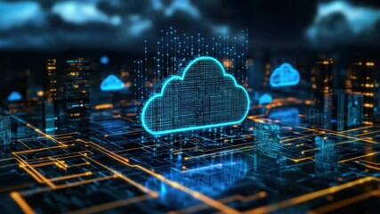 Fototapete - Futuristic Digital Cloud Network with Neon Lights and Circuit Board Design in a Modern Technology Concept
