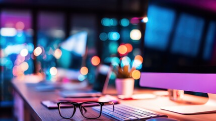 Poster - Modern workspace featuring glasses on a desk, illuminated by colorful lights and plants