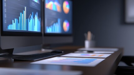 Aufkleber - Modern office workspace with dual monitors displaying graphs and charts, papers scattered