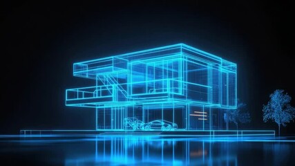 Poster - Futuristic Architectural Design Concept with Neon Blue Lines and Modern Structure on Black Background
