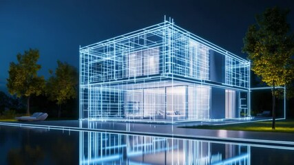 Poster - Modern Architectural Concept Visualization at Night with Clear Perspective Lines and Reflections on Water Surface