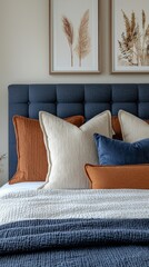 Poster - Textured pillows in shades of orange and blue adorn a bed in a modern bedroom. Framed botanical artwork complements the calming atmosphere of the space