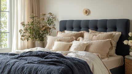 Fototapete - In a serene bedroom, a large bed is beautifully made with a mix of soft pillows and blankets, surrounded by elegant decor and natural light streaming through the window