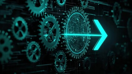 Poster - Futuristic Blue Gears and Digital Interface with Arrow Signifying Progress and Technology in Abstract Background