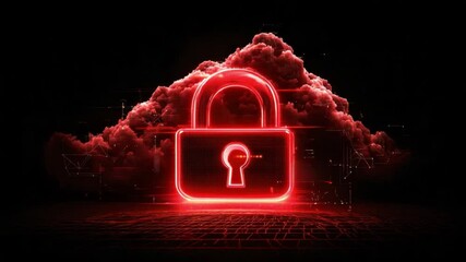 Poster - Red Lock Symbol Against Dark Cloudy Background with Digital Elements Representing Cybersecurity and Data Protection Concepts