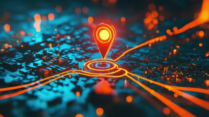 Poster - Futuristic Map Visualization with Geolocation Pin Highlighting Urban Area in Neon Glow Style