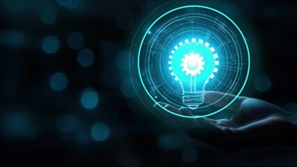 Poster - Hand Holding Glowing Light Bulb Symbolizing Innovation and Technology Against a Blurred Background in a Digital Style