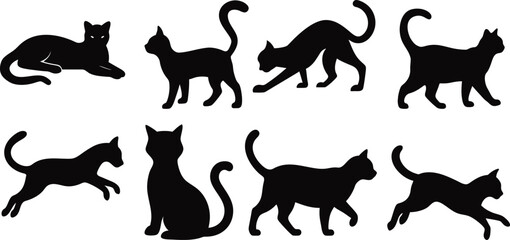  Silhouette Set of Cats in Various Poses – Vector Illustration