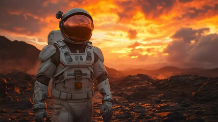 Canvas Print - Astronaut wearing spacesuit standing on barren, rocky martian landscape under pink sky