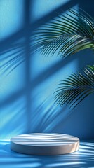 Fototapete - A vibrant blue wall serves as a backdrop for long palm frond shadows dancing across a circular platform in an artistic indoor environment, suggesting creativity and tranquility