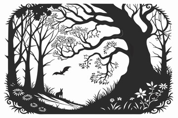  black and white magic forest frame. silhouette of a fabulous, magical forest. 