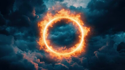 Poster - Circular Fiery Halo in Dramatic Sky with Dark Clouds and Bright Flames Surrounding the Center of the Image