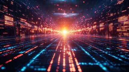 Digital data stream highway, futuristic cityscape background, technology concept