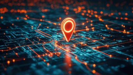 Poster - Futuristic City Map with Digital Pinpoint Location in Vibrant Neon Colors and Data Connections