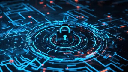 Fototapete - Digital Lock Symbol on Futuristic Background with Technological Elements and Light Effects