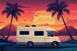 © Lady O - A cozy, flat illustration of a camper van parked near a scenic sunset view with mountains and palm trees.