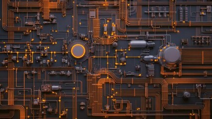 Poster - Intricate Abstract Design of Circuit Board with Glowing Lines and Nodes in Dark Background