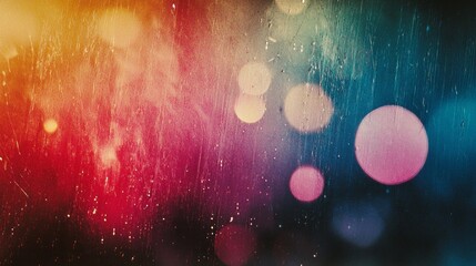 Poster - Bright colors blend beautifully with raindrops on a glass surface, creating an abstract visual display. This artwork captures the essence of a rainy evening with vibrant hues
