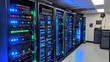 © Thiago - A long row of multiple server racks full of computer equipment with lights indicates activity.