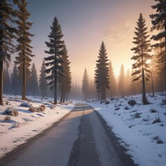 Wall Mural - asphalt path toward sunrise, snow-dusted pines, galactic spectacle , path, galaxy, wilderness