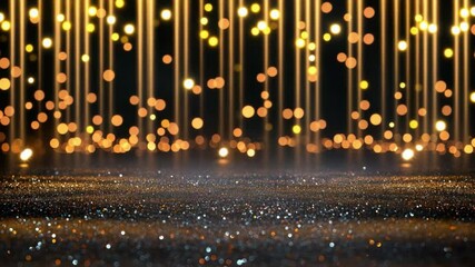 Poster - Beautiful gold bokeh lights with sparkling reflections on a dark background, creating a festive and elegant atmosphere