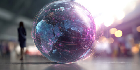 Poster - Digital globe with glowing lines, showcasing global connection and network, symbolizing technology, communication, and international business opportunities Free space for text or logo