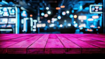 Poster - vibrant neon lights with wooden tabletop for modern backgrounds and designs