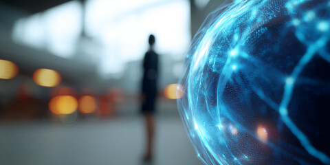 Poster - Blurred background of office space with glowing blue digital globe, symbolizing global connection and technology in business