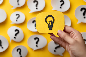 Poster - Yellow speech bubble with a lightbulb icon held against a background of white speech bubbles with question marks, symbolizing finding solutions and innovative ideas