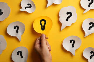 Poster - Yellow speech bubble with lightbulb icon held against white question mark speech bubbles on yellow background, symbolizing finding solution, idea, answer