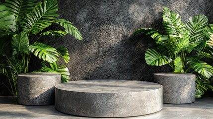 Poster - A simple concrete podium is positioned within a stylish space, accentuated by vibrant green plants that enhance the minimalist design and create a calming atmosphere