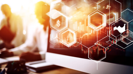 Poster - Blurred image of people working with computer displaying financial data graphs, hexagons, and dollar sign, showcasing financial analysis or business concept