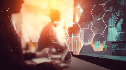 Poster - Abstract image of blurred figures working with glowing hexagonal data graphics on a screen, suggesting data analysis and modern business