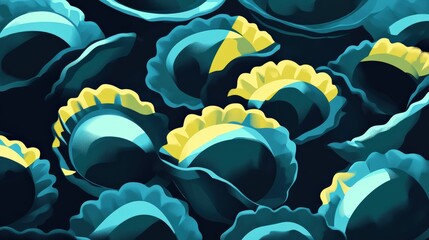 Poster - Colorful abstract pattern of shells with yellow and teal hues on a dark background