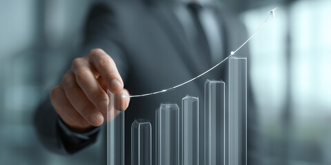 Aufkleber - hand interacting with a glass bar graph, showcasing upward growth trend, symbolizing business succes