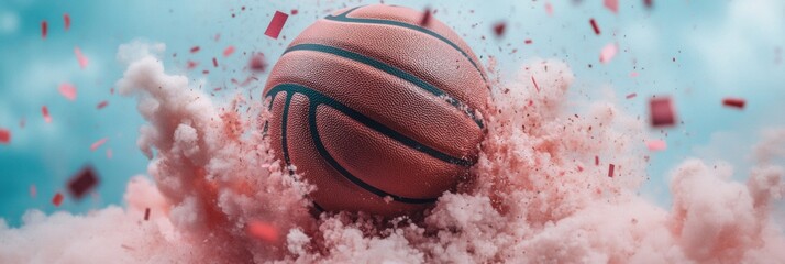 Fototapete - Dynamic Sports Explosion Immersive Basketball Motion Design with Surreal Particle Aesthetic - Vibrant Gen Z Marketing Visual for Athletic Engagement